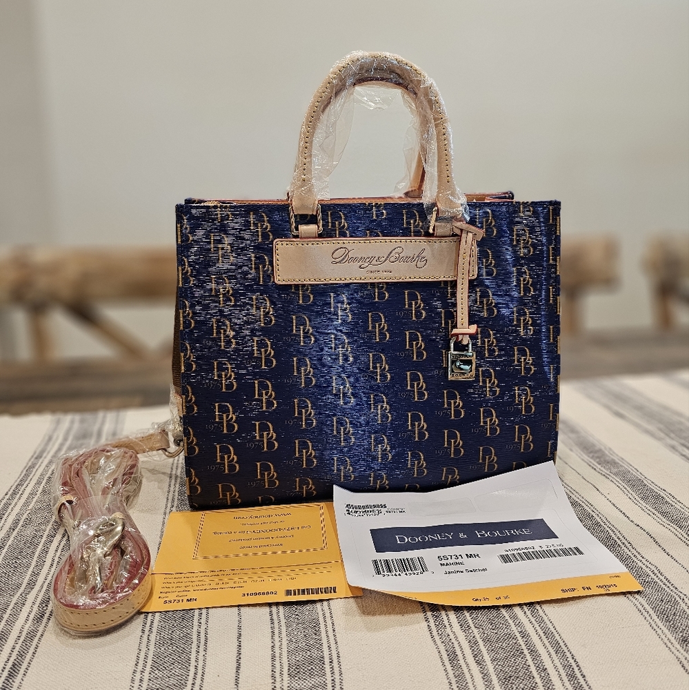 Dooney & Bourke DB75 Janine Satchel, Marine, Coated Cotton / Leather, NWT
